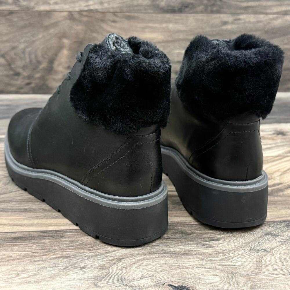 Clarks Leighly Lace 9.5M Black Leather Faux Fur Cuff Comfort Ankle Boots Booties - Picture 8 of 12